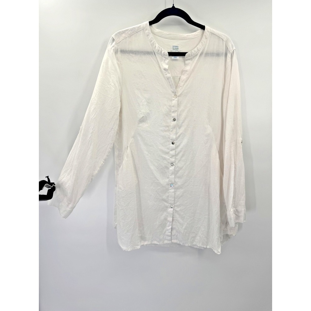 Sigrid Olsen White Linen Top Tunic Button up Side Pockets Mandarin Lagenlook